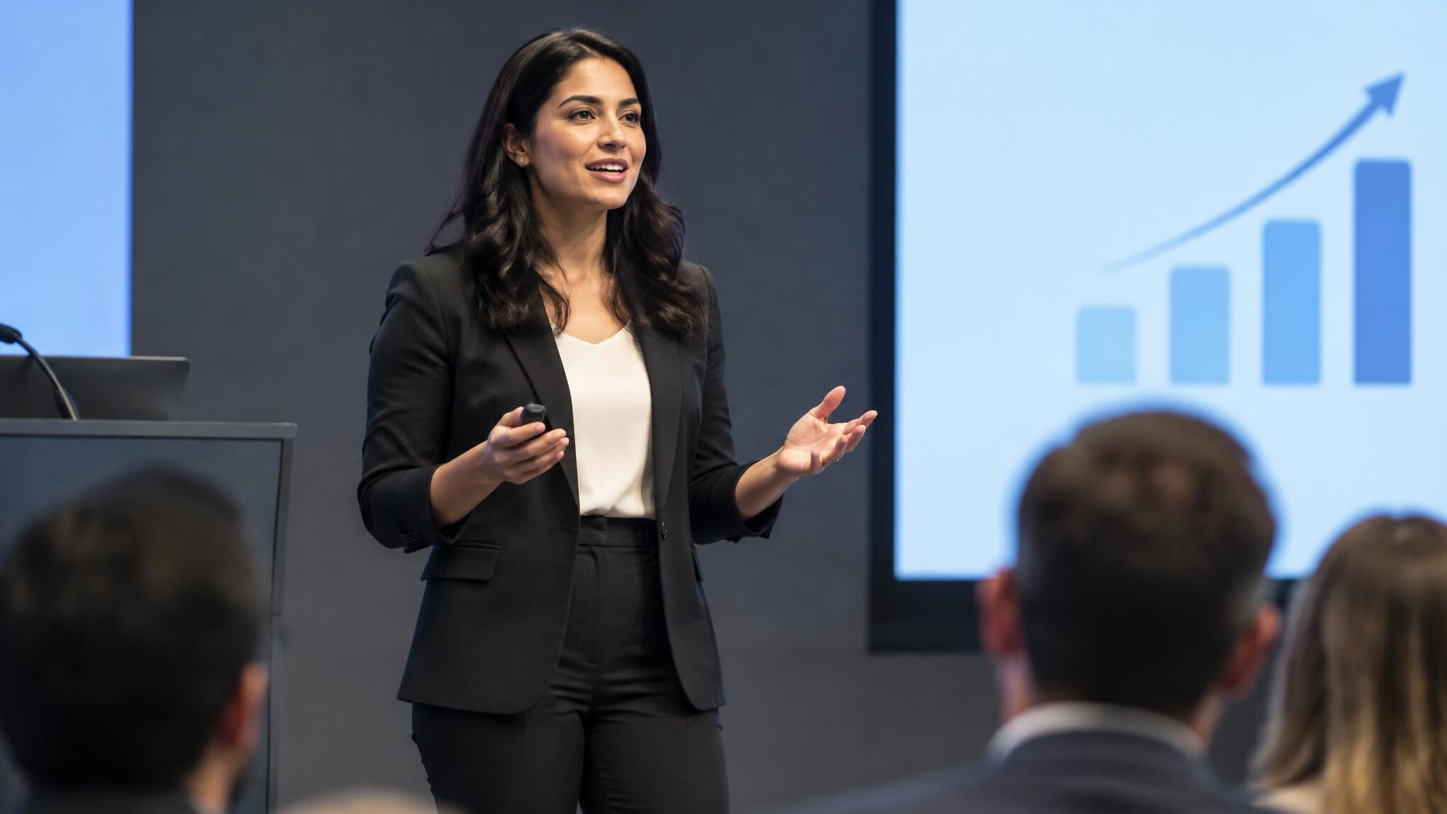 confident speaker on stage